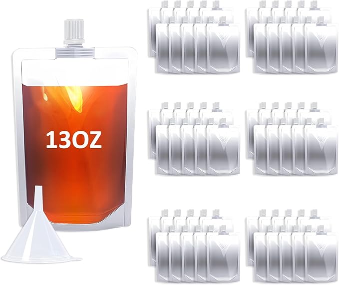 60PCS 13OZ Plastic Drinking Flasks,Spouted Pouches with Funnel,Reusable Drink Bags for Liquid Beverage Juice,Leak-Proof Food Grade for Travel Outdoor Sports Concert Cruise Events
