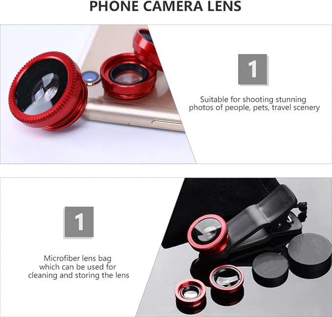 3 in 1 Smartphone Camera Lens Kit Macro Wide Angle Fisheye Clip-on Phone Lens Set and Black Clip Compatible for Mobile Photography and Video Accessories