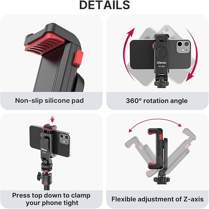 ULANZI Phone Tripod Mount ST-06S, Universal Smartphone Mount Adapter with 2 Cold Shoe, 360° Rotates Adjustable Cell Phone Clip Clamp Holder, Compatible with iPhone17/16/15, Samsung Galaxy Smartphones