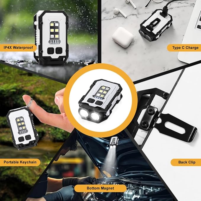 Mini EDC Flashlight, Small Powerful Keychain Flashlight with Side searchlight, High Lumens 800lm, USB-C Rechargeable, keychain light with clip - 8 Mode, IPX4 Waterproof, for hiking, running, White