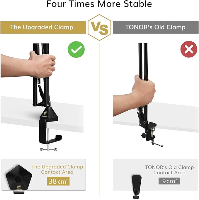 TONOR Microphone Arm Stand, Adjustable Suspension Boom Scissor Mic Stand with Pop Filter, 3/8" to 5/8" Adapter, Excellent Compatibility, Mic Clip, Upgraded Heavy Duty Clamp, 35cm+35cm, T20