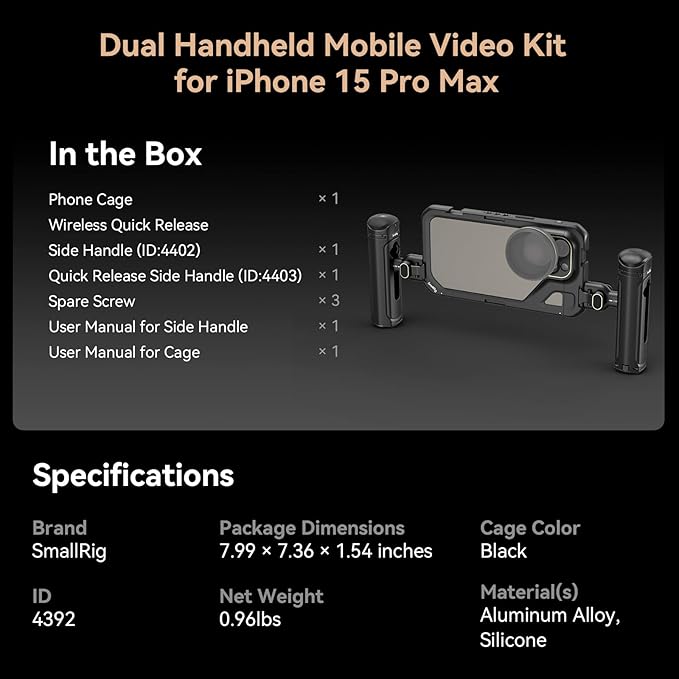 SmallRig Dual Handheld Phone Cage Kit for iPhone 15 Pro Max, Mobile Video Rig Cage Kit with Wireless Quick Release Dual Handles for Video Recording/YouTube/Live Streaming/Vlog