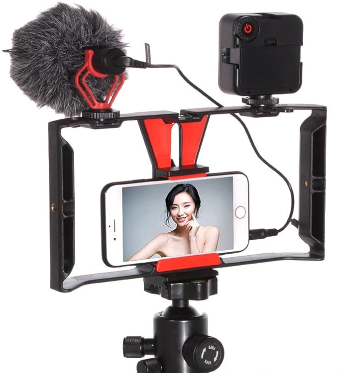 FocusFoto Smartphone Video Rig Camera Cage Mount Holder Stabilizer Handle Grip with BOYA by-MM1 Shotgun Microphone Mic + 49 LED Light Kit for Mobile Phone iPhone Filmmaking Professional Videomaker