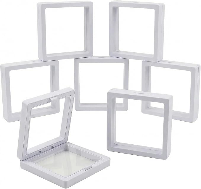 6 Pack 3D Floating Display Case, Clear Jewelry Display Box with Suspended Film, Transparent Storage Holder for Rings, Earrings, Coins, Stones, Plant Specimens & Collectibles (White)