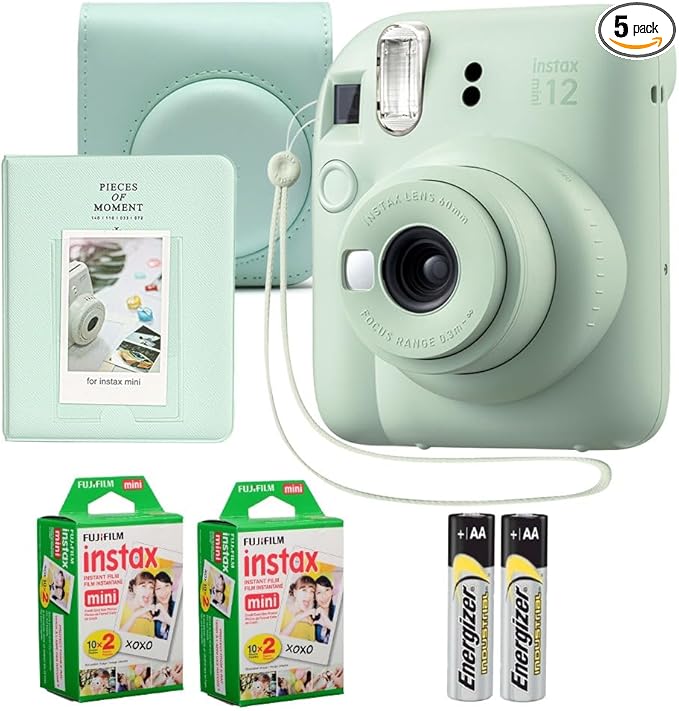 Fujifilm Instax Mini 12 Instant Camera Mint Green Bundle – Includes 40-Sheets Instax Mini Film, Protective Case, and Mini Photo Album