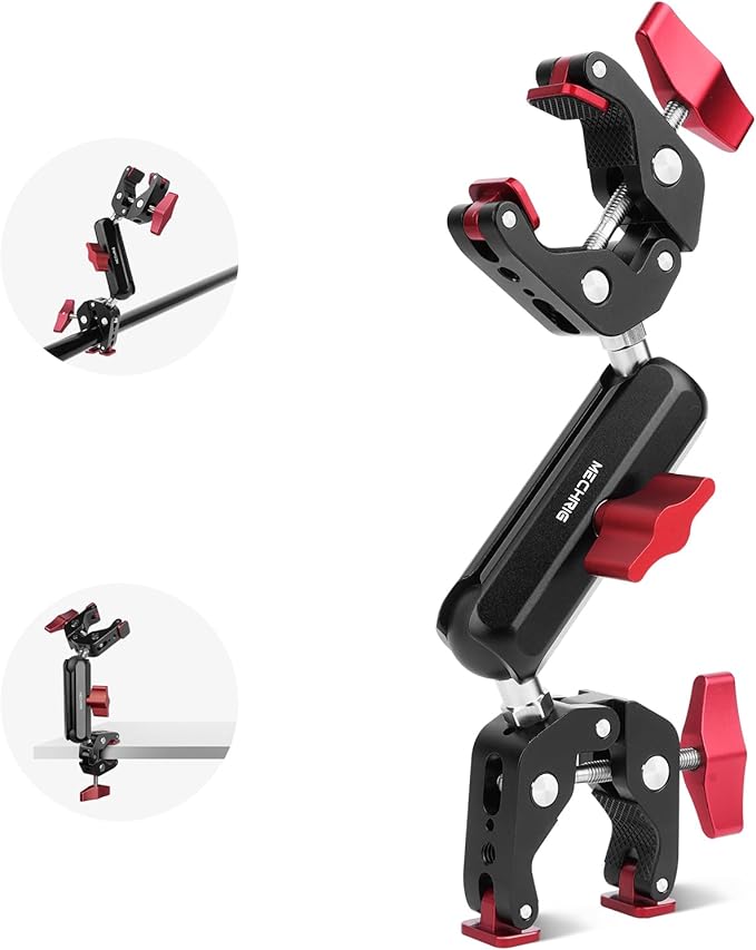 Super Clamp Double Camera Clamp,Dual Clip Mount with Magic Socket Arm - 3/8" & 1/4" Screw, Heavy-Duty Clamps for Desk & Cross Bars& Tripod & Handlebar,All Metal -Max Load Capacity 8.8LB,JC010
