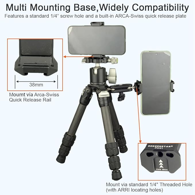 Metal Phone Tripod Adapter Mount with Cold Shoe/Arca-Swiss Quick Release Plate/1/4” Thread Holes, Smart Phone Stand Clamp Holder for Tripod Compatible with iphone 17/16/15/14/13 Pro Max/Samsung