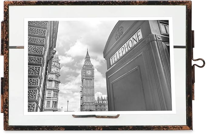 Isaac Jacobs 4x6, Antique Bronze, Vintage Style Brass and Glass, Metal Floating Picture Frame (Horizontal) with Locket Closure, for Photos, Art, More, Tabletop Display (4x6 Antique Bronze)