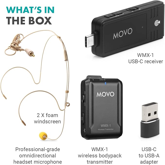 Movo WMX-1-UH USB-C Wireless Headset Microphone - USB Wireless Headset Microphone for Computers, Smartphones, and Tablets