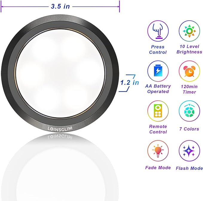 LED Puck Lights with Remote, 7 Colors Under Cabinet Lighting Wireless, Battery Operated RGB Dimmable Push Lights for Closet, Kitchen, Under Counter, Bar Display Shelf (1 Pack)