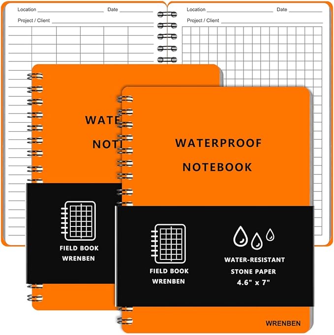 2PCS Outdoor Camping Weatherproof Spiral Notebooks with Waterproof Paper and Hard Cover, Field Grid Pattern, 100 pages per All-Weather Notepad, A6 Medium Size Steno Pads (4.8"x7", Orange)