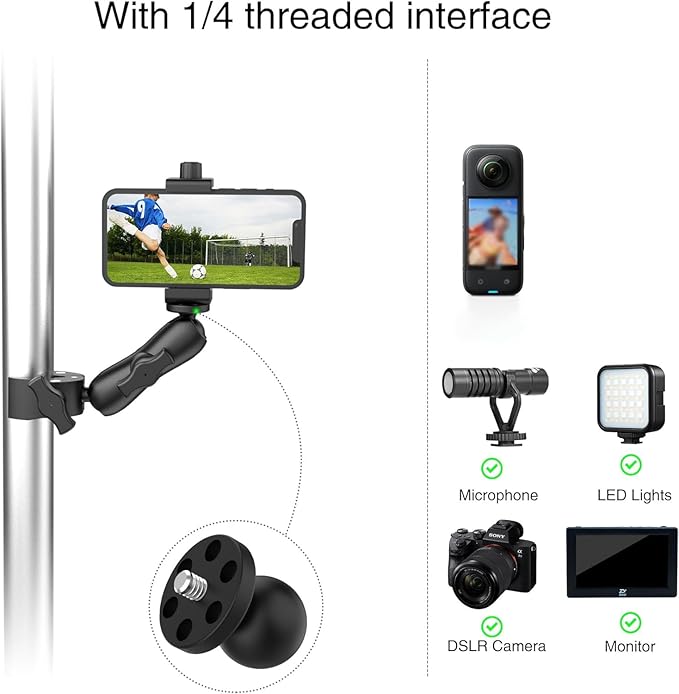 Taisioner Super Camera Clamp Mount 3.6" Socket Arm 360°Ball Head Magic Arm 1/4" Thread for Canon Nikon/Digital Camera/DSLR/Gopro/Insta360/LED Light(Gopro Adapter,Phone Holder)