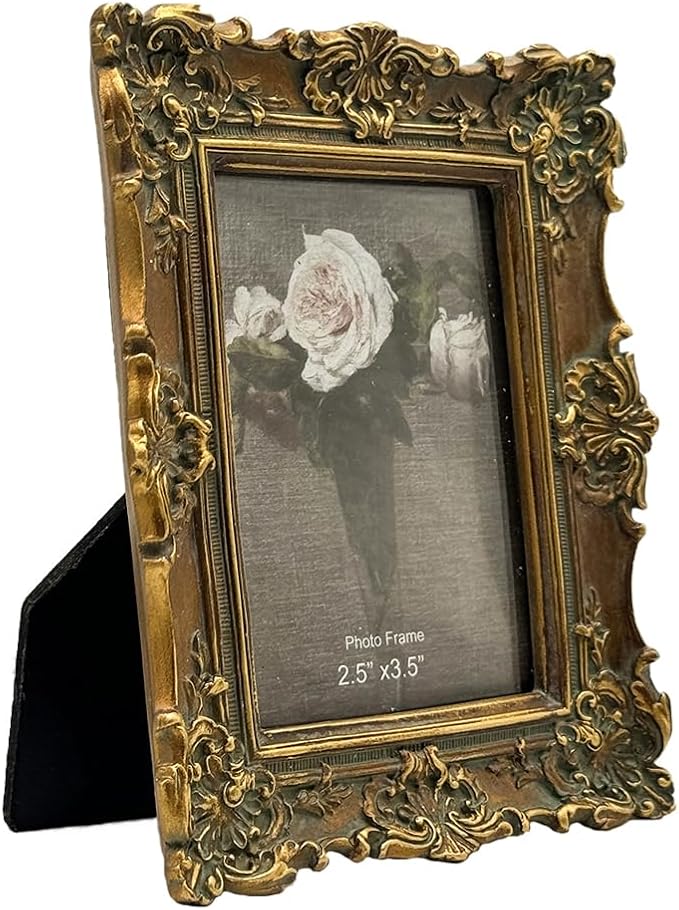 CISOO 2.5x3.5 Vintage Small Picture Frame, Antique Ornate Bronze Gold Wallet Size Photo Frame, for Table Top and Wall Display, Decorative Floral Design Retro Home Decor, Photo Gallery Art