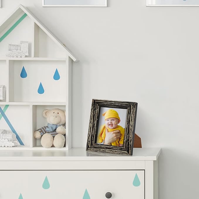 4 x 4 Picture Frames Square Wood Black Distressed Simple Striped Border Designed Wooden Photo Frame with HD Glass for Tabletop Display Wall Mount Wedding Baby Family Farmhouse Collage Home Office Decor