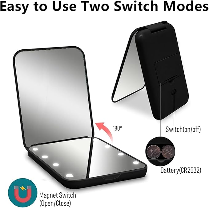 Compact Mirror, 1x/3x Magnification Mini Mirror for Purse, Pocket, Handheld, Stocking Stuffers, Travel Makeup, 2-Sided Foldable, Small Mirror with Led Lights