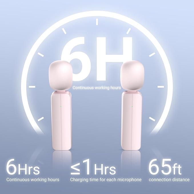 2 Pack Wireless Mini Lavalier Lapel Microphone for iPhone,Android Phone(2 in 1) - 65ft Cordless Clip on Dual Mics with Noise Reduction 6H Working Time for Video Recording Vlogging, YouTube, (Pink)