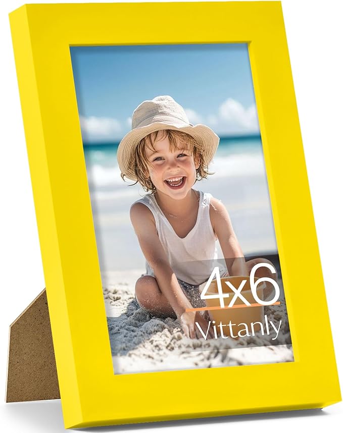Vittanly 4x6 Picture Frame, Made of Solid Wood and Shatterproof Plexiglass, Wooden Photo Frame for Wall Mounting or Tabletop Display, Picture Frame for Home Decor with Stand, Yellow, 1 Pack