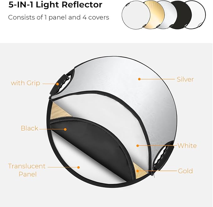 K&F CONCEPT Light Reflector with Grips, 32"(80cm) 5-in-1 Photography Diffuser Collapsible Portable with Grips for Studio and Outdoor Lighting Gold Silver White Black Translucent