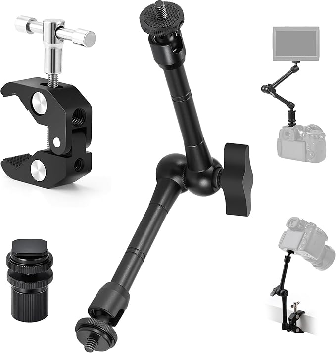 TARION Magic Arm with Super Clamp - 11in/28cm Adjustable Articulating Friction Camera Mount & Clamp with 1/4"" and 3/8"" Thread for LCD Monitor LED Light Flash Light Phone Action Cam, Black