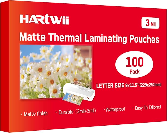 HARTWII Matte Laminating Sheets 9 x 11.5 Inches, 3 Mil Thick, 100 Pack,Clear Anti-Glare 8.5 x 11 Matte Thermal Laminating Pouches for Letter Size (100)