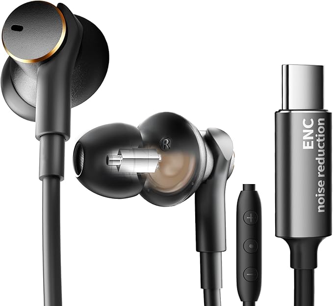 Premium Wired Ear bud with ENC Noise Reduction-Rich Deep Bass Dual-Driver In-Ear Eerphones,Call Noise Cancellation Earbuds USB C,Noise-Isolating Headphone Wired Volume Control (USB Type C Plug)