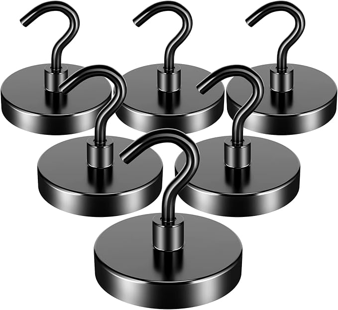 FINDMAG 6 Pack 110 LBS Magnetic Hooks Heavy Duty, Neodymium Magnet Hook, Strong Black Magnetic Hooks for Hanging, Magnet with Hook for Home, Kitchen, Bathroom, Office