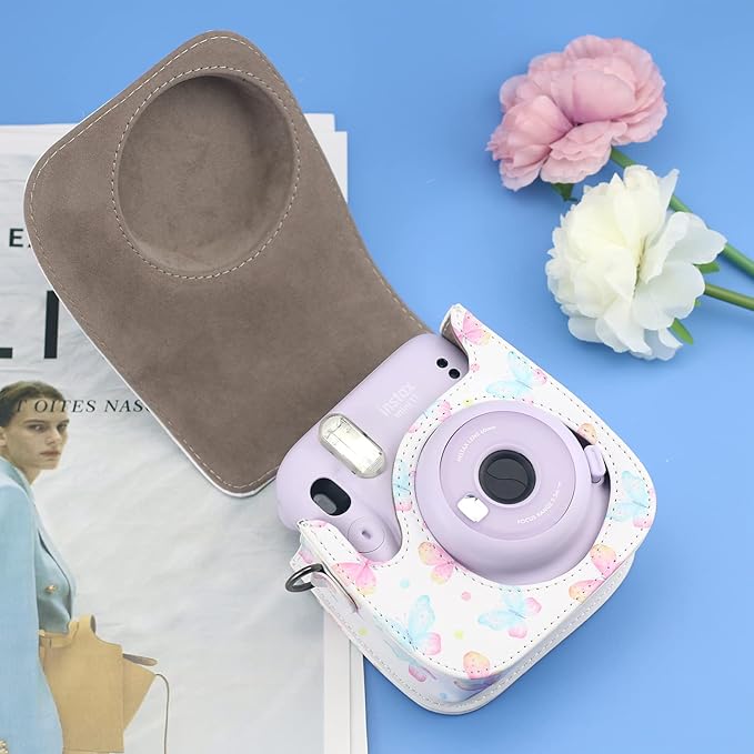 Frankmate Protective Case Compatible with Fujifilm Instax Mini 12 11 9 8 Instant Film Camera with Pocket and Adjustable Strap (Pink Butterfly)