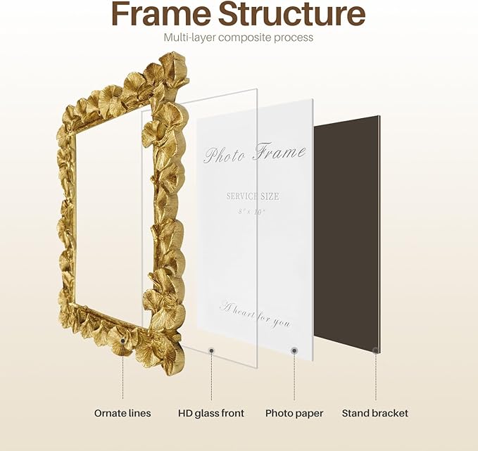 8x10 Picture Frame Gold Picture Frames, Vintage Ornate Frame Leaf Textured Hand-Crafted Resin with Glass Front, Antique Photo Frame for Wall Hanging and Tabletop Display, Retro Design Home Decor