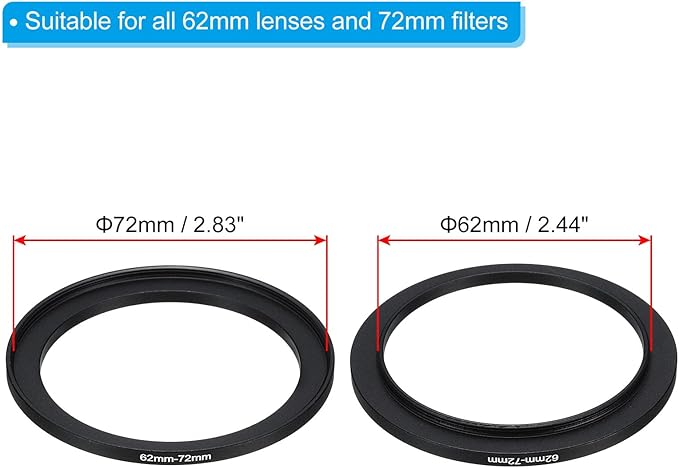 PATIKIL 62mm-72mm Metal Step Up Ring with Cleaning Cloth, 2 Pack Camera Lens Filter Adapter Ring Aluminum Filter Adapter Ring for Camera Lenses Hood, Black