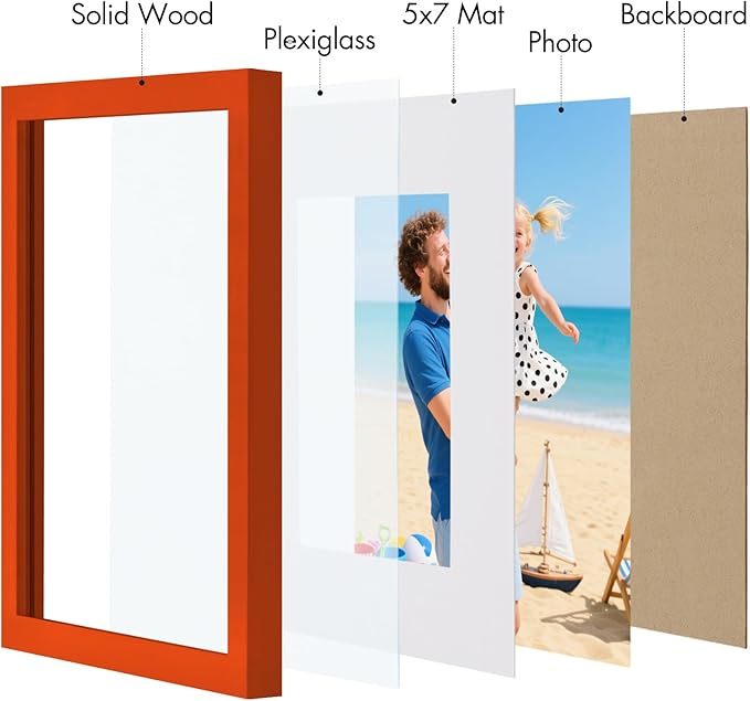 Vittanly 8x10 Picture Frame, Made of Solid Wood and Shatterproof Plexiglass, Display Pictures 5x7 with Mat or 8x10 without Mat, Wooden Photo Frame for Wall Mounting or Tabletop Display, Orange, 1 Pack