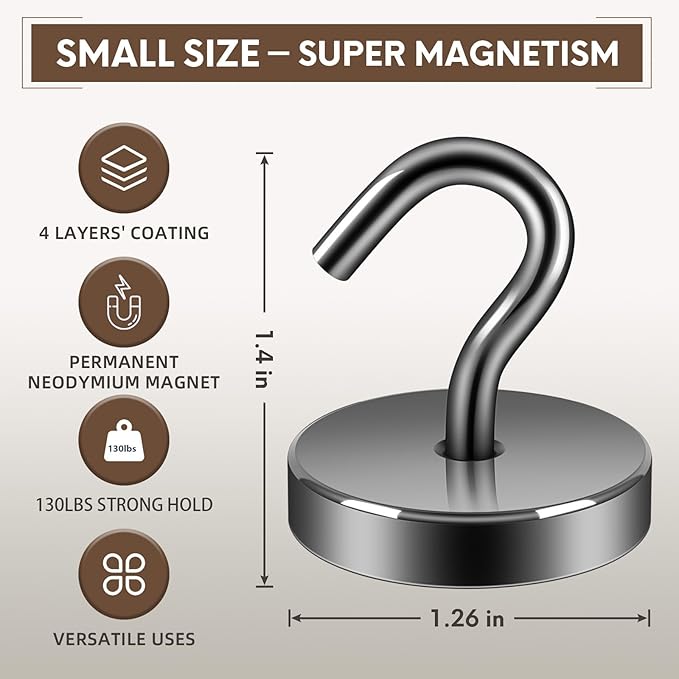 Neosmuk Magnetic Hooks, Cruise Ship Essentials, 130lb+ Heavy Duty Magnetic Hooks for Cruise Cabins, Refrigerator, Grill, Hanging, and Travel | Extra Strong Must-Haves Magnet Hook,Silver