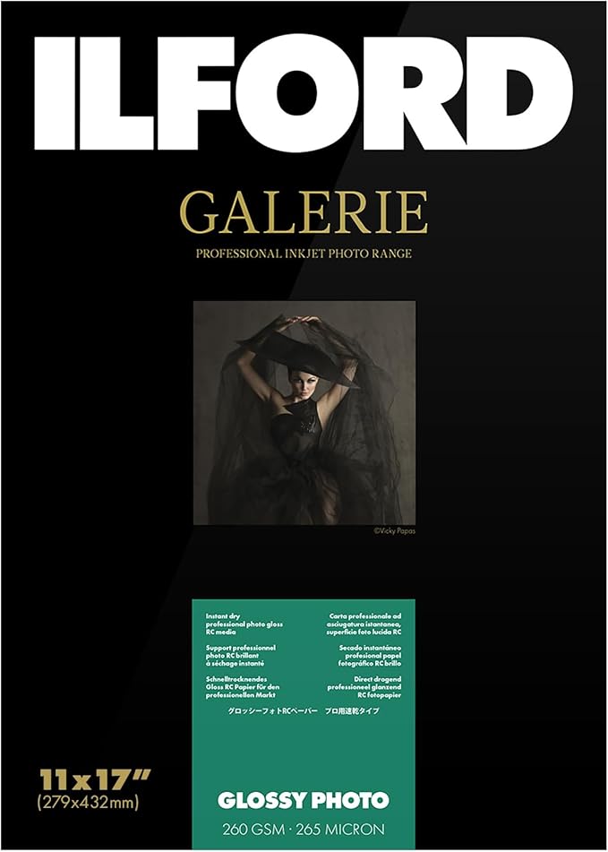 ILFORD Galerie 11x17” (25 Sheets) Glossy Photo with high-Gloss Smooth Surface, Instant Dry Archival Photo Inkjet Paper 10mil / 260gsm for Dye and Pigment Ink Printers, Made in Germany