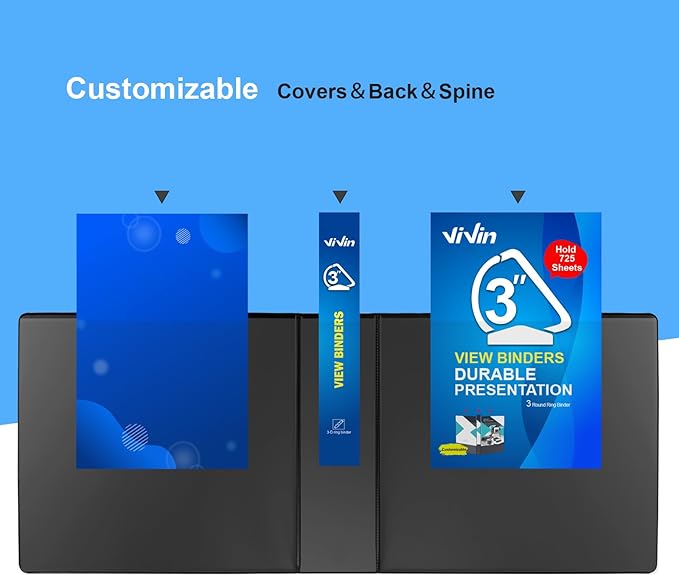 ViVin Durable 3 inch D Ring View Binder, Large 3" Slant-D Ring with 725-Sheet Capacity, Fit 8.5" x 11" Paper, 2 Pack(Black)