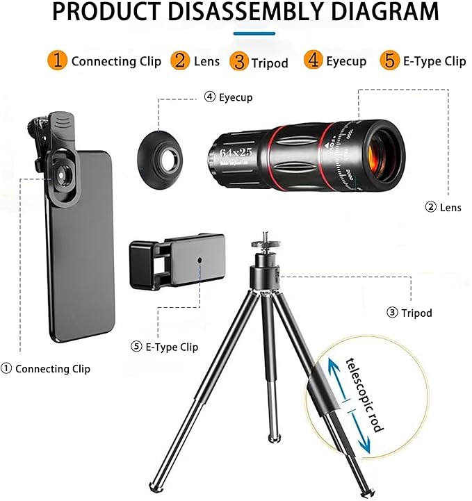64X Zoom Mobile Phone Telephoto Lens with Tripod & Phone Clamp - HD FMC Monocular Lens for Long Distance Photography, Bird Watching, Sports & Vlogging (Universal Smartphone Lens)