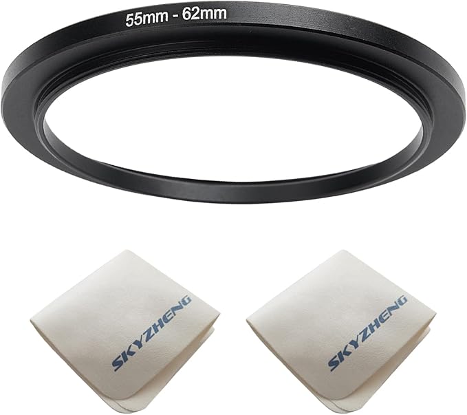 55mm Lens to 62mm Camera Lens Adapter 55mm to 62mm Step Up Ring Adapter Ring for All Brands of UV ND CPL, with Premium Lens Wiping Cloth 2 Pack (55mm-62mm)