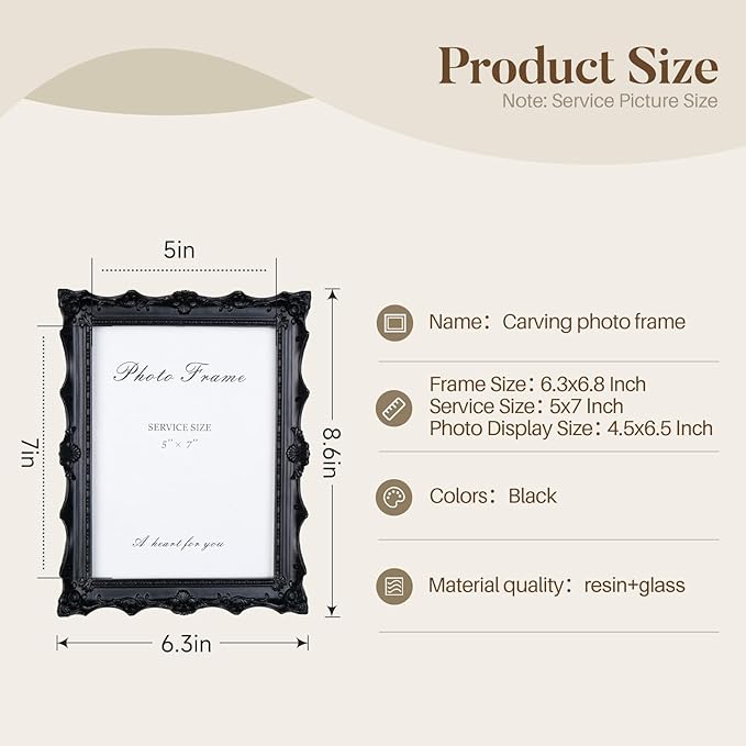 Cuspin 5x7 Picture Frame Black, Gothic Frames Handcrafted Resin Photo Frame with Exquisite Carved Details & Glass Front, Vintage Antique Design for Wall Hanging or Tabletop Display, Home Decor