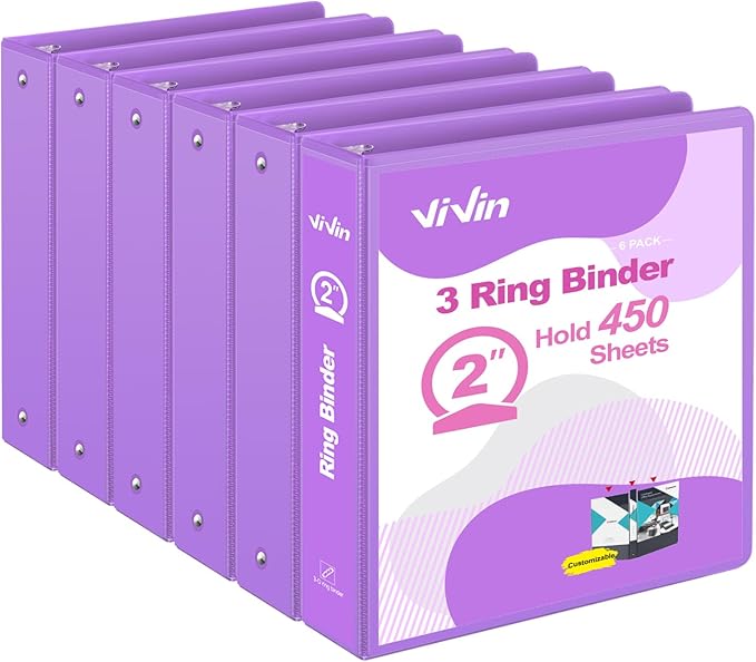 ViVin 2 Inch Round Ring View Binder for Durability, Standard 3 Ring Binder for 450 Sheets of US Letter Size Paper, PVC-Free, 6-Pack (Purple)