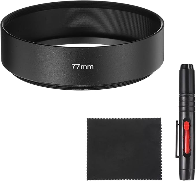 PATIKIL Lens Hood Shade, 77mm Mid-Focus Mount Standard Screw-in Metal Camera Cap Shade with Cleaning Cloth and Cleaning Pen, Black