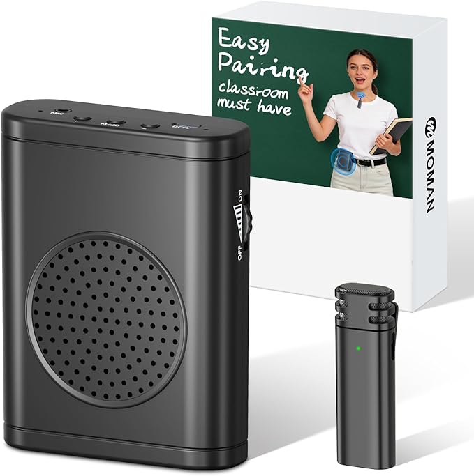 Moman Voice Amplifier for Teachers with Wireless Lavalier Microphone, Zero Whistling, Low Latency, Portable Meagaphone Speaker Mic for Classroom Meeting