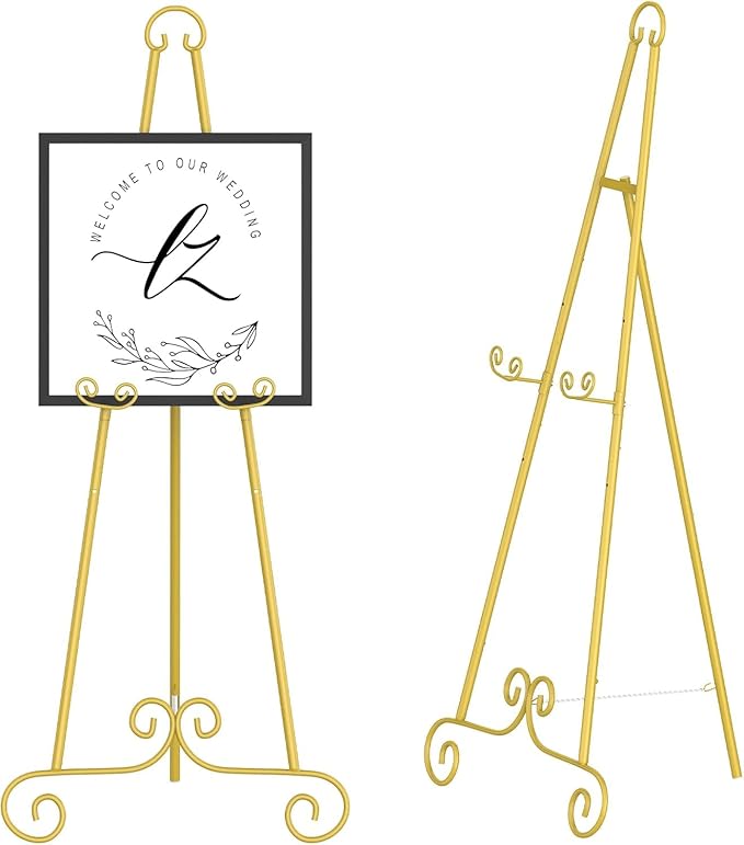 Display Easel, Metal Round Tube Scroll Vintage Gold Decorative Adjustable Floor Standing Easel with Chain Support, Perfect for Showcasing Pictures, Artwork, Picture Frame Wedding Sign Etc