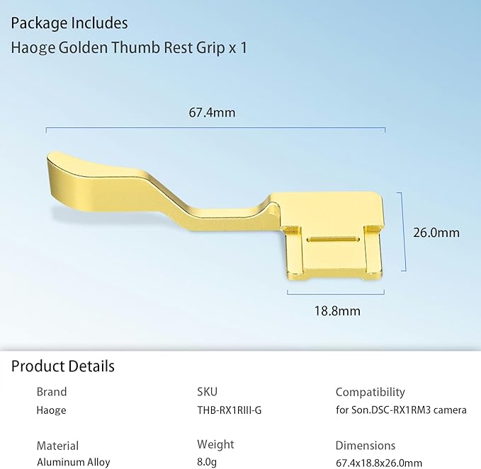 Haoge Thumb Hand Grip for Sony RX1R III Camera Accessories Gold Metal Hot Shoe rx1r m3 Thumb Up Rest Hand Grip THB-RX1RIII-G