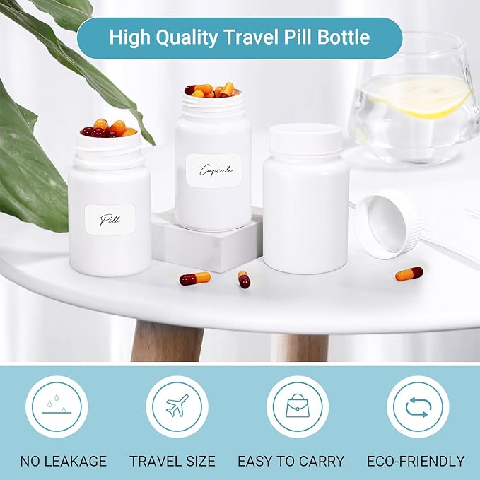 UMETASS White Pill Bottle, Empty Medicine Bottles with Screw Caps for Pills Capsules Vitamins, Food Grade Plastic Medicine Containers with Labels for Travel (3.4oz/100ml, 4 Pcs)