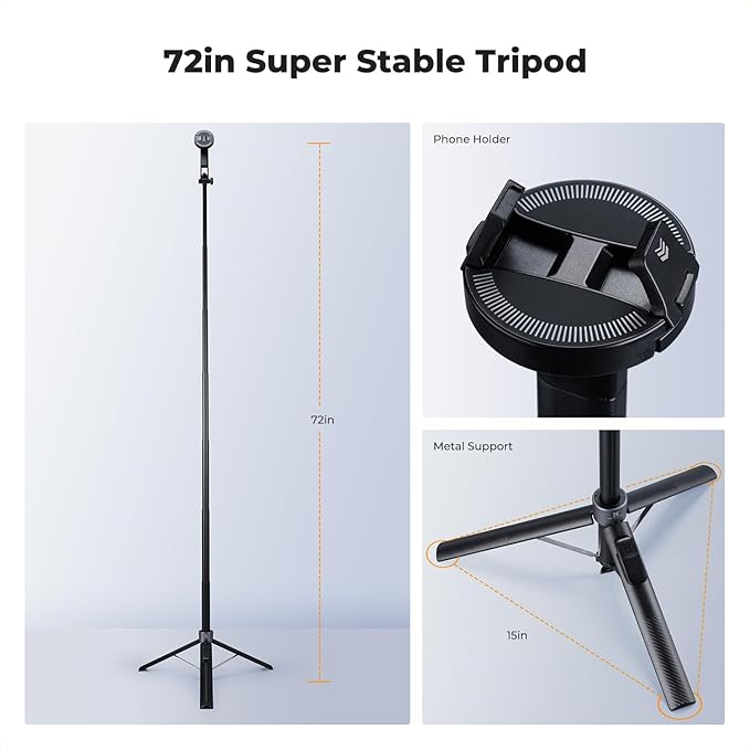 K&F CONCEPT Popod 72" Phone Tripod, 3-in-1 Clip & Magnetic Selfie Stick with Remote, Automatic Phone Tripod Stand, Compatible with iPhone 17-12 Series Android Phones 1/4" Screw Accessories