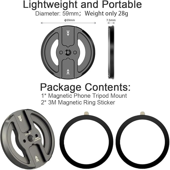 Magnetic Phone Tripod Mount Adapter with 1/4" Screw Holes and Cold Shoe Compatible with Magsafe iPhone 16/15/14/13/12 Pro Max for Magsafe Case/Cover, Tripod, Selfie Stick, Ballheads