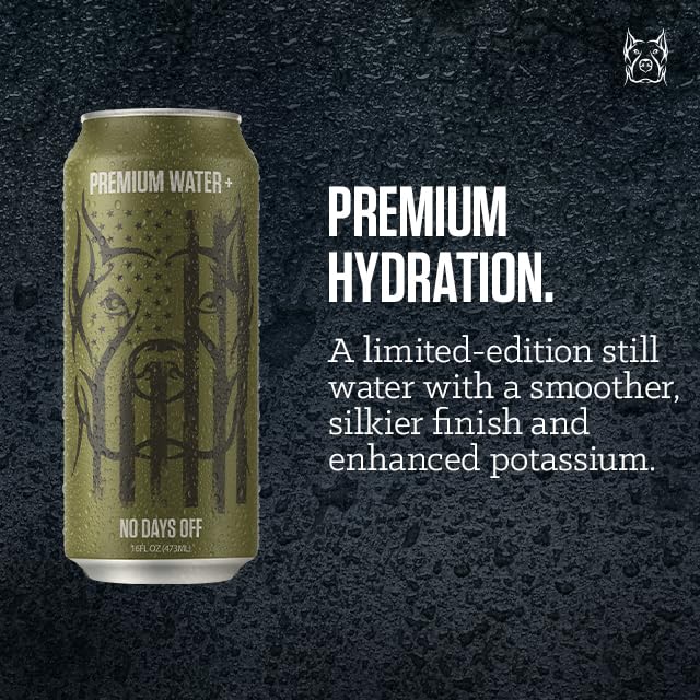 NO DAYS OFF Premium Water+ Limited FREEDOM Edition - 12 Pack, 16 fl oz Can - 8.5+ pH Alkaline Water, Ultra-Purified Reverse Osmosis, American Sourced-Filled-Packaged, Boldly Enhanced with Potassium, Served in BPA-free Cans