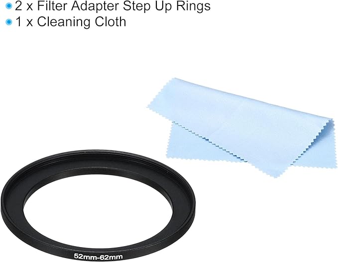 PATIKIL 52mm-62mm Metal Step Up Ring with Cleaning Cloth, 2 Pack Camera Lens Filter Adapter Ring Aluminum Filter Adapter Ring for Camera Lenses Hood, Black