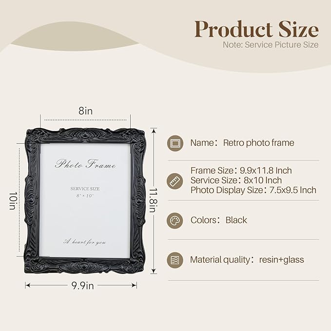 Cuspin 8x10 Picture Frame Black Vintage Frames, Gothic Style Handcrafted Resin Frame with Exquisite Carved Details & Glass Front, Victorian Gothic Wall Decor for Tabletop or Wall Display