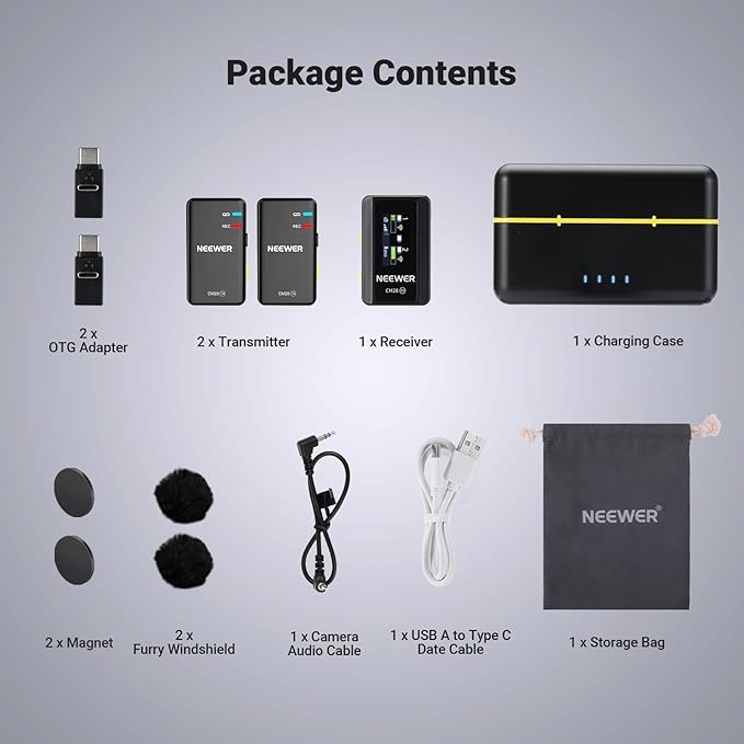 NEEWER CM28 (1 RX + 2 TX + Charging Case), Wireless Lavalier Microphone, Smart Noise Cancelling, 48KHz/16Bit 9 Hrs Uncompressed Recording, 656ft/200m Range, Lav Mic for iPhone, Android, Camera