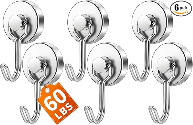 FINDMAG Magnetic Hooks, 60lbs+ Magnetic Hooks for Cruise Ship Essentials, Rare Earth Magnet Hooks Heavy Duty for Hanging, Magnetic Hanger for Garage, Grill, Fridge, Toolroom, Workplace, 6 Pack, Silver