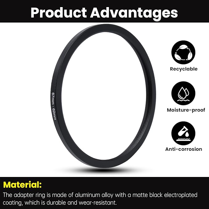 Metal Step Down Ring Filter Adapter - 67mm to 62mm - Metal Ring Step Down Rings Adapter Filter Compatible with All 62mm UV, CPL, ND, Lens Hood, Threaded Lens ect